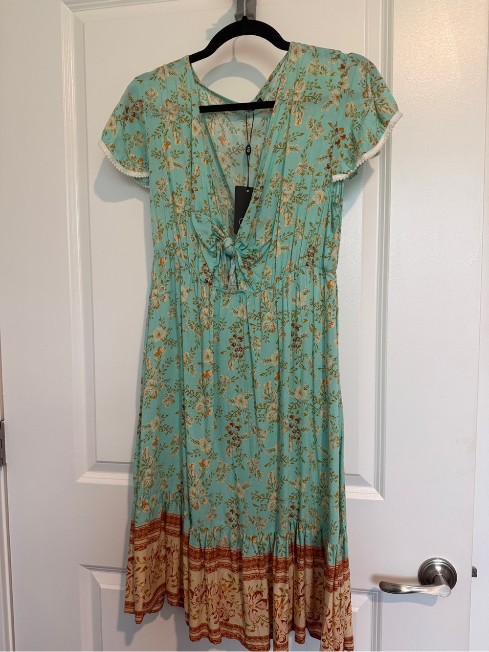 Boho Tie-Front Floral Midi Dress in Mint Green